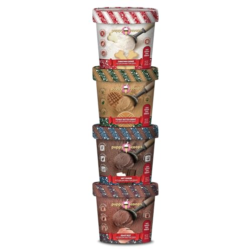 Puppy Scoops Christmas Dog Ice Cream Mix Gift Pack - Add Water and Freeze at Home, Powder Mix with Ice Cream Cup and Lid- (4 Pack 2.32oz Christmas Flavors) 9.28oz - Made in USA