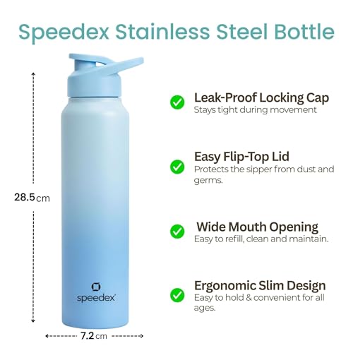 Image of Speedex Stainless Steel Water Bottle 1 Ltr, Leak Proof Sipper Cap, BIS Approved 1000 ml Metal Bottle For Daily, Office, School, Gym, Travel Use for Men, Women, Kids, Adults, Dual Blue, Set of 3