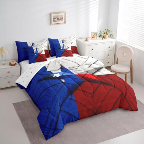 Image of Erosebridal Western Texas Star Queen Comforter Set with Sheets | Red Blue American Flag 7-Piece Bedding Set Grunge Stars and Stripes Rustic Bed in a Bag, Retro Vintage Wood Plank Cowboys Bed Sets