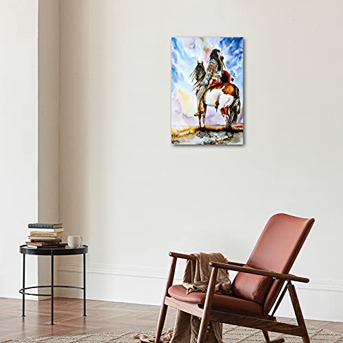 Guttaty Native American Canvas Wall Art - American Indian Chief Headdress Feathered Art Canvas Prints For Wall Decor, Large Framed Artwork For Living Room Bedroom Ready To Hang (12W X18H) #TOP3
