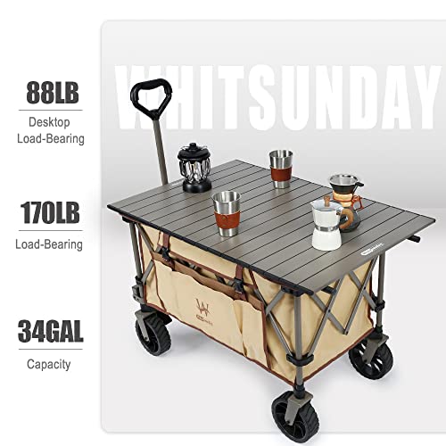 Whitsunday Folding Collapsible Utility Camping Park Wagon Cart Heavy Duty Wagon Outdoor Park Beach Wagon Cart with Table Top,Utility Grocery Wagon for Camping Sports Outdoor Shopping Khaki