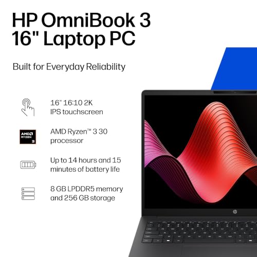 Image of HP OmniBook 3 16 inch Laptop PC, 2K Touchscreen, AMD Ryzen 3 30, 8 GB RAM, 256 GB SSD + Microsoft 365 Personal 12-Month Subscription Bundle