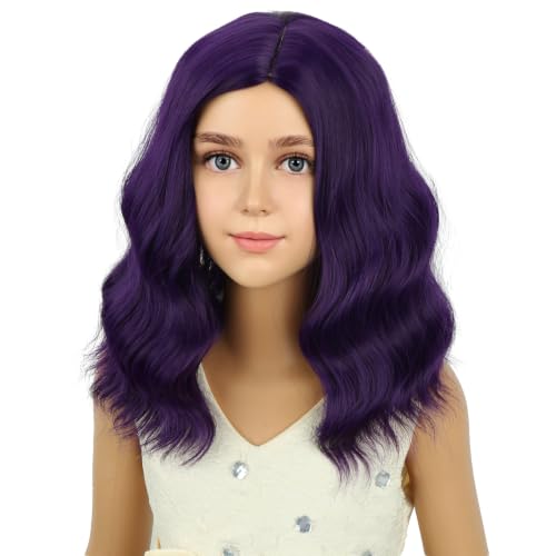 Image of PATTNIUM Dark Purple Wig for Short Purple Wavy Curly Wig Side Part Bob Wigs Synthetic Halloween Party Cosplay Hair