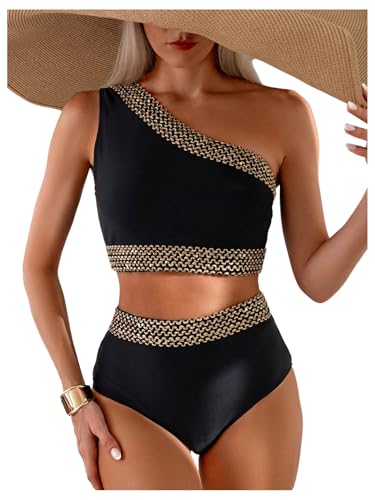 SOLY HUX Women's One Shoulder Swimsuits High Waisted Two Piece Bikini Bathing Suit Summer Vacation Outfit