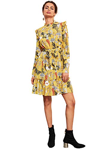 Floerns Women's Long Sleeve Ruffle Trim Self Tie Floral Print Short Dress Yellow M