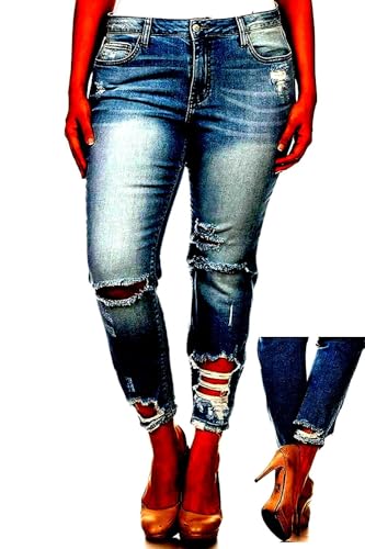 Jack David Womens Plus Size Ankle Skinny Basic Denim Jeans Ripped Distressed Strech Pants