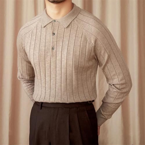 Men Button Lapel Long-Sleeved Sweater Classic Slim-Fit Solid Color Stripe Pullover Jumper2