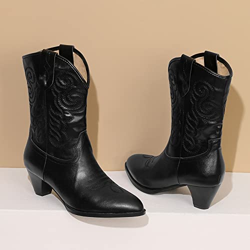 Image of Womens Embroidered Cowgirl Boots Pull On Cowboy Boots for Women Floral Low Chunky Heel Western Boots