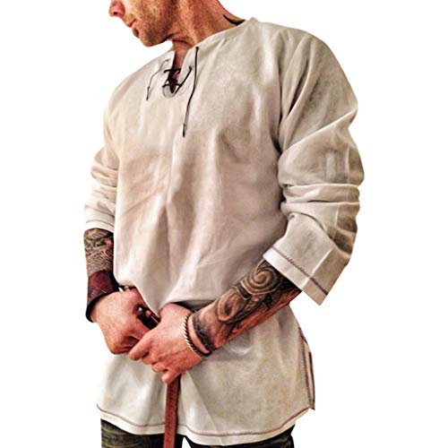 Men’s Scottish Shirt Cotton and Linen Solid Color Long Sleeve Lace Up Retro Medieval Renaissance Pirate Costume Khaki