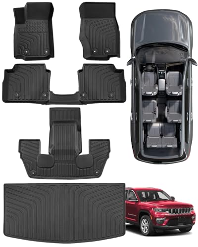 Car Floor Mat for Jeep Grand Cherokee L: Rubber Custom Fit 1st & 2nd & 3th Row Cargo Liner Set - All Weather Accessories Only for 6-Passenger Without Center Console 2021 2022 2023 2024 2025 2026