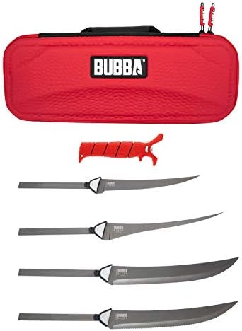 BUBBA Multi-Flex Interchangeable Blade, with Non-Slip Grip Handle, 4 Ti-Nitride S.S. Coated Non-Stick Blades and Case for Fishing