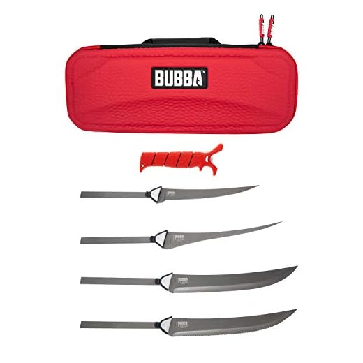 BUBBA Multi-Flex Interchangeable Blade, with Non-Slip Grip Handle, 4 Ti-Nitride S.S. Coated Non-Stick Blades and Case for Fishing