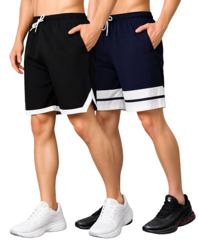 Image of London Hills Men's Sports Running Shorts Lightweight Quick Dry Gym Workout Training Shorts with Zipper Side Pockets Elastic Waist Adjustable Drawstring Athletic Activewear Running Jogging Fitness Yoga