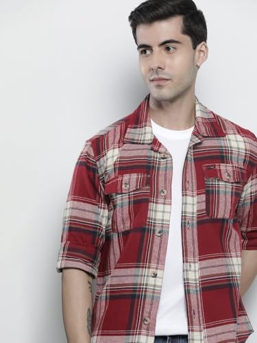 Image of The Indian Garage Co Men Regular Fit Checkered Full Sleeves Spread Collar Double Flap Pocket Casual Over Shirt