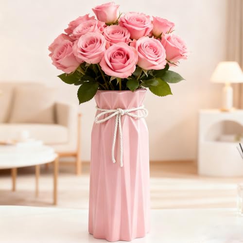 Disoza 24x10x10cm Jarrones Mesa Decoracion Ceramica Moderna Jarron Vintage Rosa para Pampas Hierba Flores Secas Flores Rosas Florero Floreros para Boda Porcelana Tulipan Jarron Cocina Sala de Estar