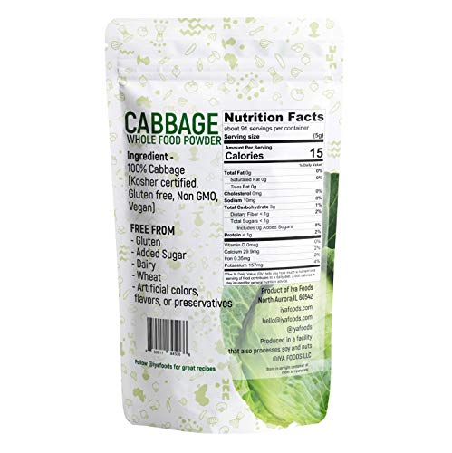Iya Foods Cabbage Powder 1 lb. Whole Food Vegetable. Made 100% from Green Cabbage. Non-GMO, Gluten-Free, Grain-Free, Low Calories. Each 1 lb. Pack of Cabbage Powder Contains 91 Servings of 5g/Serving - Thumbnail 7