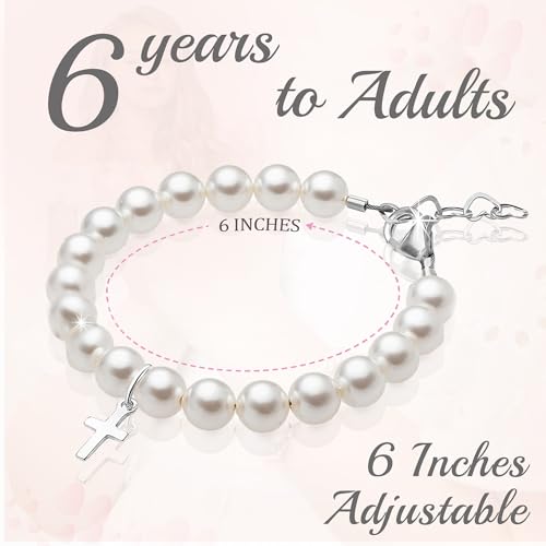 Image of Baby Crystals White Pearl Personalized Bracelets for Girls, Sterling Silver Initial Cross Charm Bracelet, Christening, Communion Baptism Gifts for Girl, Birthday Gifts, Girls Jewelry