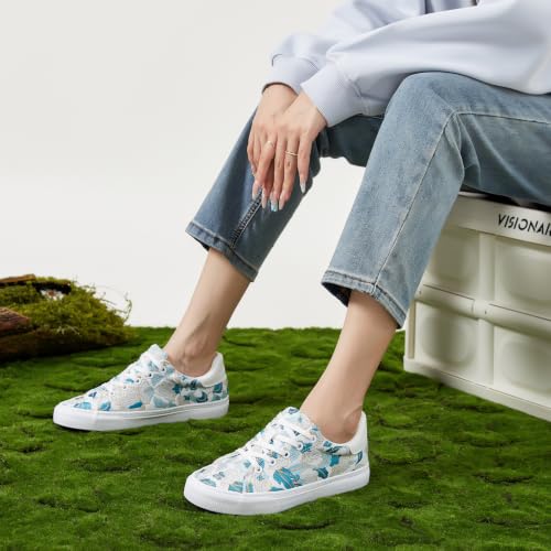 Image of ZGR Women's Canvas Tennis Sneakers Low Top Embroidery Breathable Casual | Low top canvas sneakers, breathable, blue floral embroidery with gold trim, for casual daily wear.