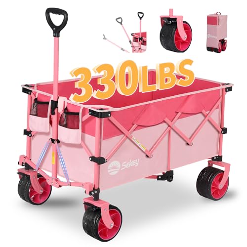 Sekey 220L Collapsible Foldable Wagon with 330lbs Weight Capacity, Heavy Duty Folding Utility Garden Cart with Big All-Terrain Beach Wheels & Drink Holders.