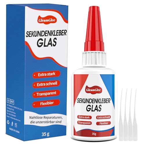 Sekundenkleber Glas 35g, extra stark Glaskleber transparent & wasserfest & hitzebeständig, Kleber für Glas, Acrylglas, Kunst, Kristall und mehr