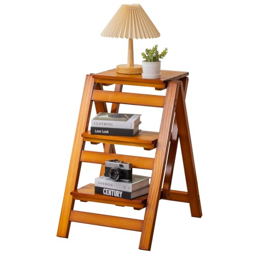 Latifolia Foldable 3 Step Ladder, Wooden Step Stool with Floor