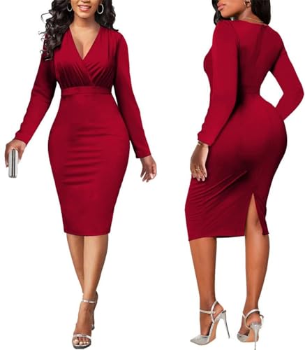 Women's Red Church Dress Wrap Long Sleeve Business Work Dress Formal Ruched Vintage Midi Pencil Dress(06Red,Medium)4