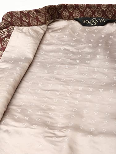 Image of SOJANYA (Since 1958 Men's Silk Blend Off White Kurta Pyjama & Maroon Self Design Nehru Jacket Combo
