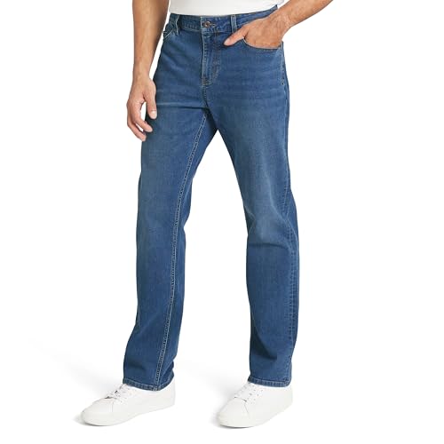 Izod Men's 5 Pocket Straight Fit Stretch Waist Denim Jeans, Bering Sea, 34W x 30L