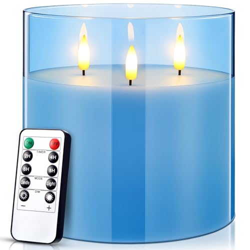 Image of Retisee 6'' x 6'' Extra Large Flameless Candles, 3 Wick Glass Large Fall Candles with Remote Control and Timer Function, Real Wax LED Pillar Flickering for Autumn Party Decor(Classic,Blue,1 Pcs)