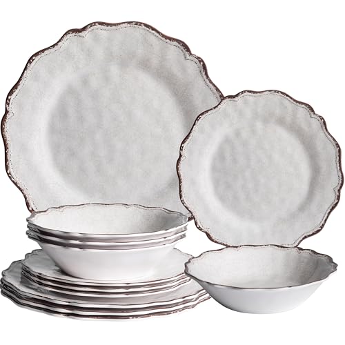 LEHAHA Farmhouse White Melamine Dinnerware Sets, 12 Piece Plates and Bowls Set, Perfect Weight and Unbreakable Camping Dishes Dinnerware Sets, Service for 4, Indoor and Outdoor Use, Dishwasher Safe