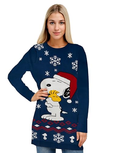 The Peanuts Snoopy Strickkleid für Damen - Warm Kisses Winter Strick Kleid Blau (DE/NL/SE/PL, Alphanumerisch, XL, Regular, Regular, Blau)