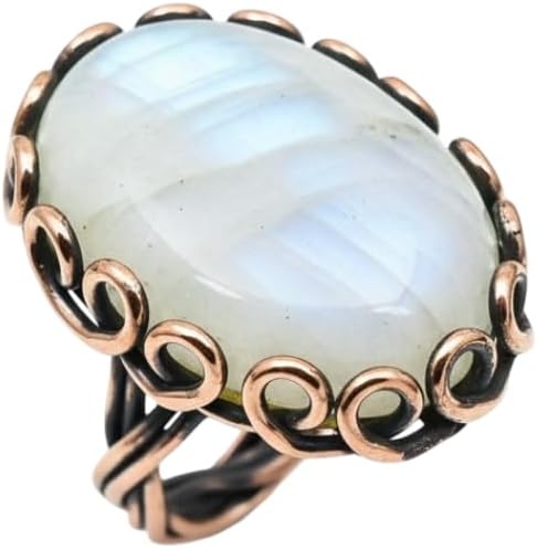 Handmade Copper Wire Wrapped Rainbow Moonstone Ring – Boho Statement Jewelry, Healing Crystal Gemstone Ring, Unique Gift for Women