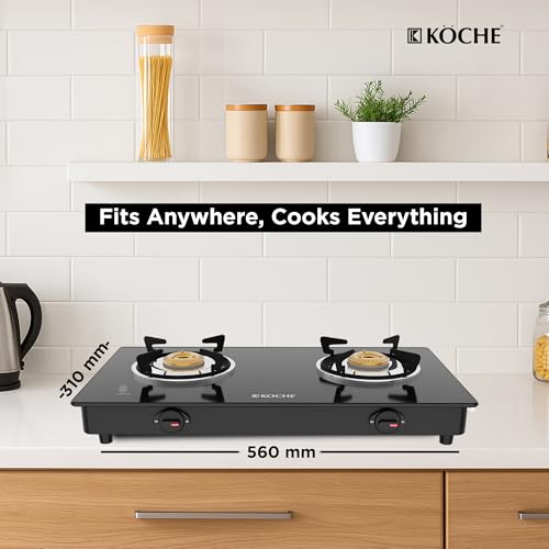 Image of KOCHE Spartek 2-Burner Gas stove | Toughened Glass, High-power Indian Brass Burners, 360 Rotate Gas Nozzle, Stainless Steel Black Powder-Coated Body, High Thermal Efficiency Cooktop | 2 Year Warranty