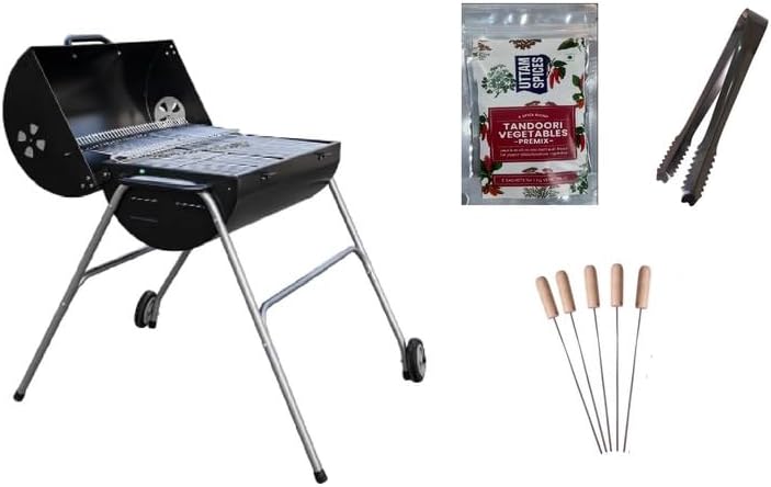 WheelGrill Drum Barbeque Grill set for Home | Large Cooking Area, Easy Assemble, Additional Warming Rack | Charcoal Griller BBQ With 5 Wooden Skewers, 1 Tong & 2 Pack of Spices, Cover