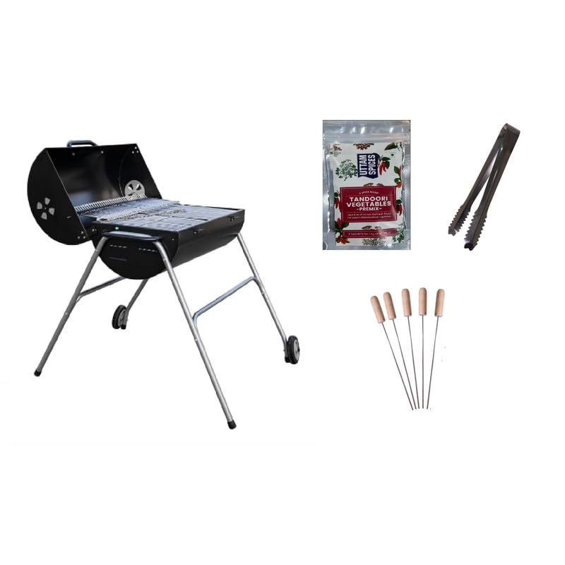 Peng Essentials WheelGrill Drum Barbeque Grill set for Home | Large Cooking Area, Easy Assemble, Additional Warming Rack | Charcoal Griller BBQ With 5 Wooden Skewers, 1 Tong & 2 Pack of Spices, Cover