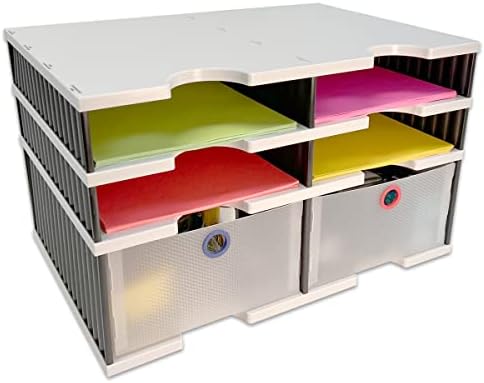 Desktop Organizer 4 Letter Tray Sorter Plus Riser Storage Base & 2 Storage Drawers - TierDrop Plus Stores All of Your Documents, Files, Forms & Frequently Used Supplies in One Compact Modular System