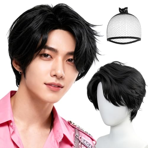 IMEYLE Short Black Wig Short Straight Black Emo Wig Goth Scene Hair Wigs Anime Singers Wigs for Cosplay Costume Outfit Halloween Dance Stage Party Daily Use + Hair Cap