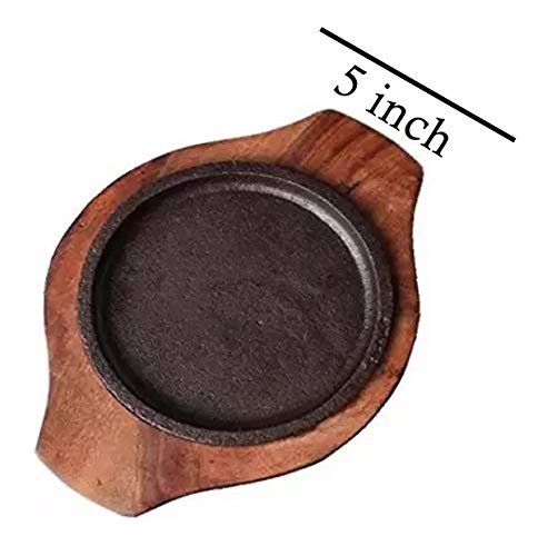 HAINE Small Dessert Serving Plate Brownie Sizzler Tray with Wooden Base, 5 inch (4 Piece)