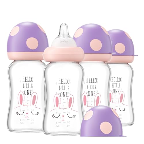 Image of YOHKOH Natural Glass Baby Bottle with Level 1 Slow Flow Nipple, Newborn Anti-Colic Baby Bottles, Wide Neck Mushroom Baby Glass Bottle ((5.4oz (Pack of 4), Purple)