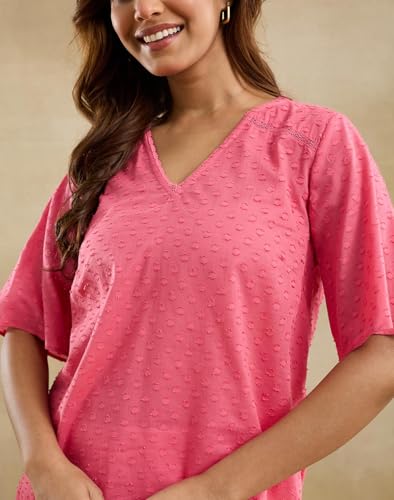 Haut en coton rose vêtement été col V texture Dobby - 6