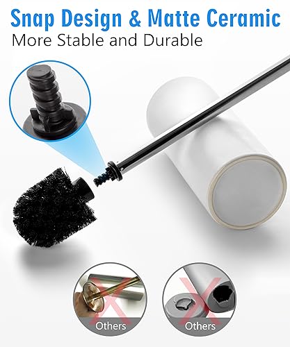 Image of White Ceramic Toilet Brush and Holder Set, Freestanding Toilet Bowl Cleaners Brush, Scrubber Brush for Toilet, Bathroom Accessories with Stainless Handle, Deep Cleaning