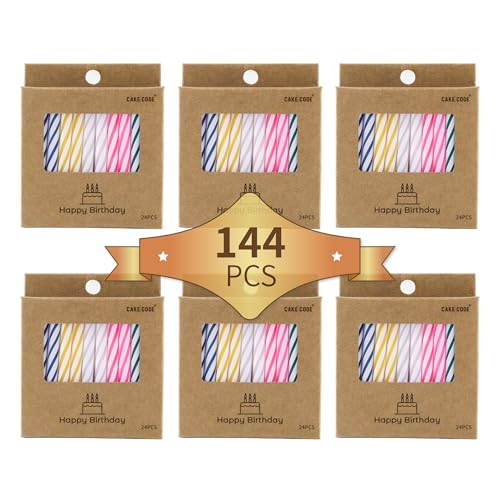 CAKE CODE 144-Count Classic Spiral Birthday Candles Multicolored Bulk Party Candles for Cupcakes Tiered Cakes and Milestone Celebrations