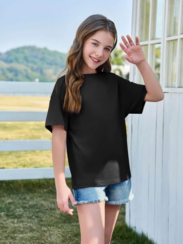 Haloumoning Girls Short Sleeve T Shirts Kids Summer Oversized Tops Casual Crewneck Basic Tees 5-14Y4