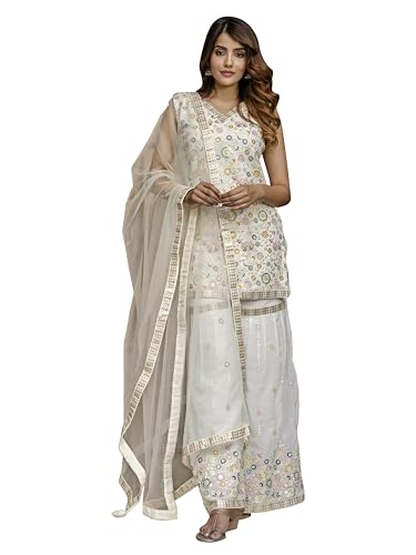 Image of TRENDMALLS Women's Georgette Embroidery Sequence Work Kurta Sharara Set with Dupatta Salwar Suit Set For Women