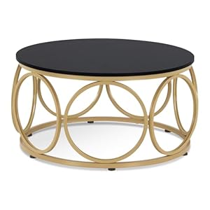 Couchtisch Rund Holz, Modern Sofatisch Schwarz-Gold, Klein Kaffeetisch Metallgestell, Beistelltisch für Wohnzimmer, Durchmesser 80cm, 2102