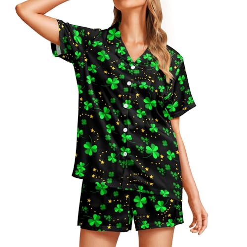 Image of Silk Satin Pajama Set for Women Summer Lounge Pjs Sets 2 Piece Suit Ladies Button Down Tops And Shorts Sleepwear