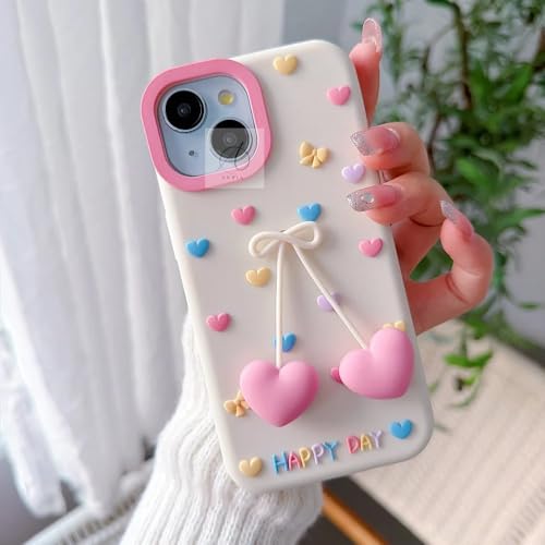 Image of MIDOS Cute 3D Cherry Heart Charm Case for iPhone 15 Soft Silicone Protective Cover with Pastel Hearts and Bow Design Girls Case for iPhone 15