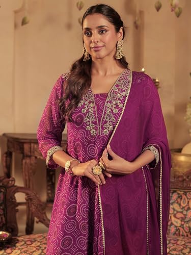Image of INDO ERA Women's Georgette Floral Embroidered A-Line Kurta & Pant with Dupatta Set