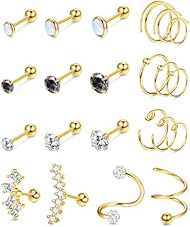Kakonia 22 Pcs 16G Cartilage Earrings for Women Men Stainless Steel Cartilage Conch Helix Piercing Jewellery Stud Hoop Conch Helix Earrings Set for Multiple Piercing