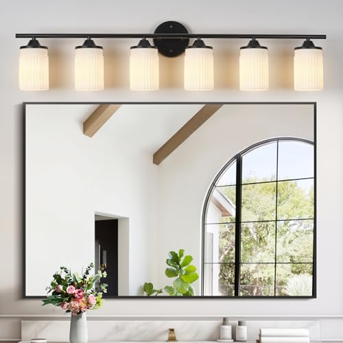 Image of Jonsi Black Bathroom Light Fixtures 6-Light Vanity Lights Modern Wall Sconce with Milk White Shade Brushed Brass Bathroom Light Fixture Over Mirror for Bedroom Hallway Kitchen